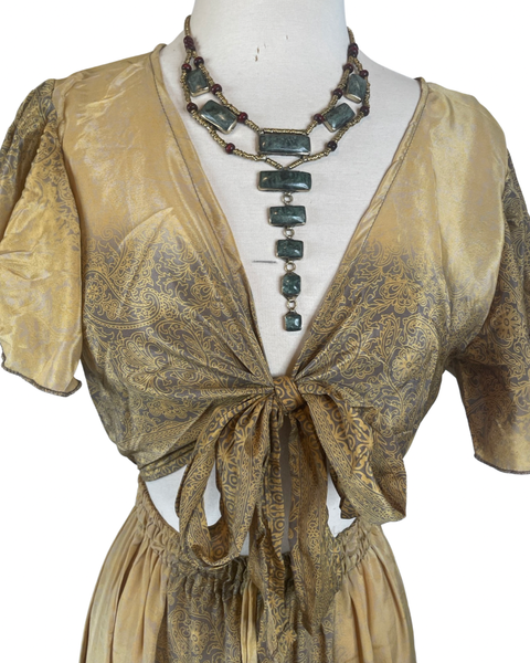 Dress (High Low Tie Front Cut Out Silk) - Gold