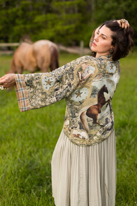 Pixie Duster Crop Kimono - Born to Run  w/ Horse & Flower Print