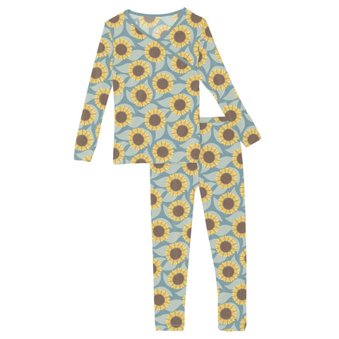 2 Piece Kimono Pajama Set (Long Sleeve) - Stormy Sea Sunflower