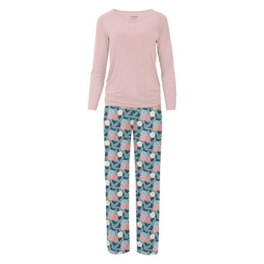 Women's Henley Pajama Set (Long Sleeve) - Stormy Sea Enchanted Floral