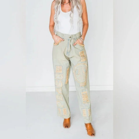 Pants - Distressed Denim with Peace & Love