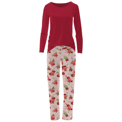 Women's Relaxed Tee & Pajama Pants Set (Long Sleeve) - Baby Rose Holiday Floral