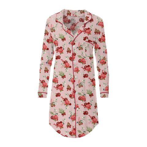 Women's Button Down Nightshirt (Long Sleeve) - Baby Rose Holiday Floral