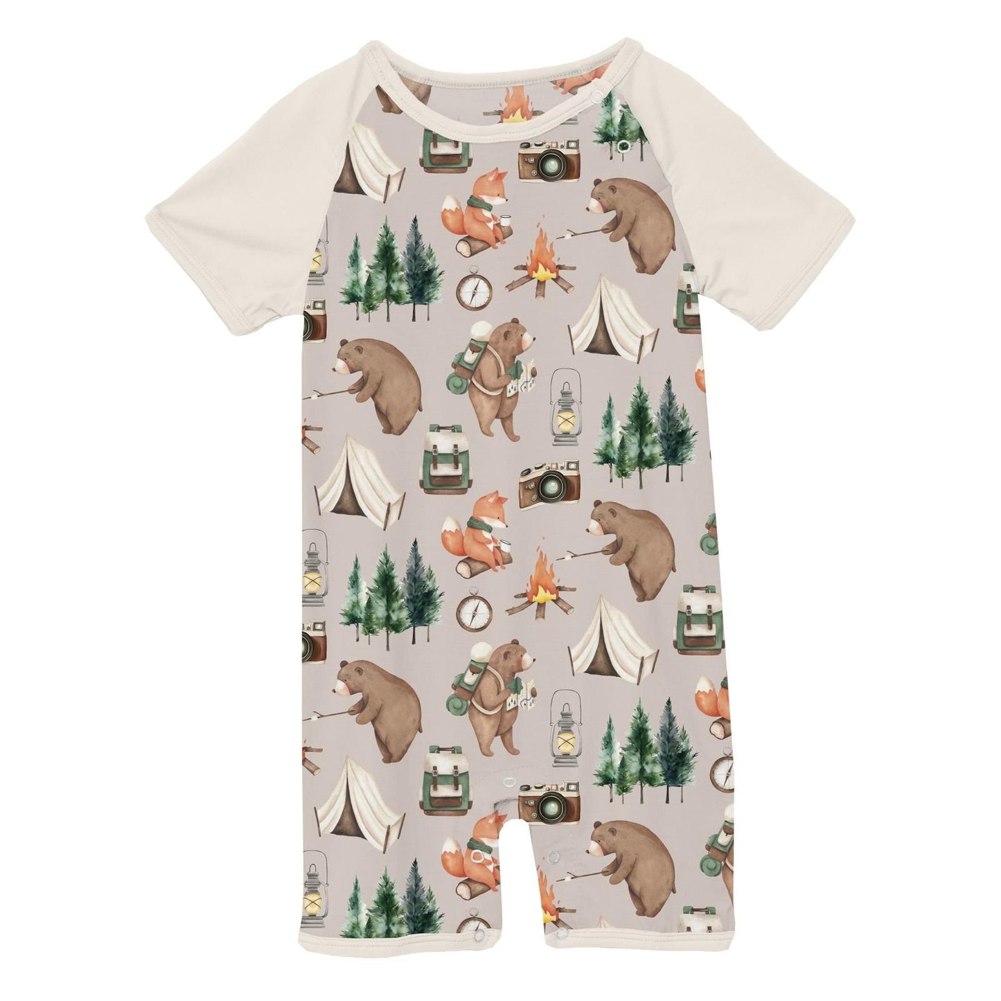 Raglan Romper (Short Sleeve) - Latte Camping Animals