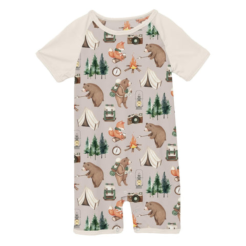Last One - Size 18/24M: Raglan Romper (Short Sleeve) - Latte Camping Animals