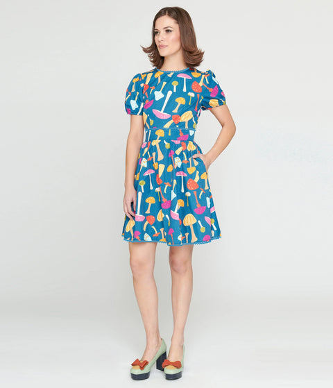 Dress - Navy & Rainbow Mushroom Open Back Flare Dress