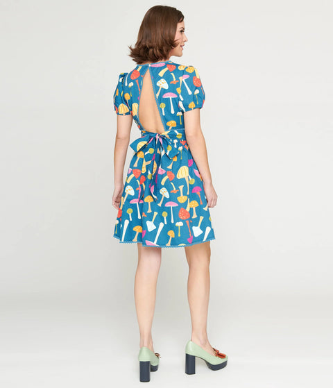 Dress - Navy & Rainbow Mushroom Open Back Flare Dress