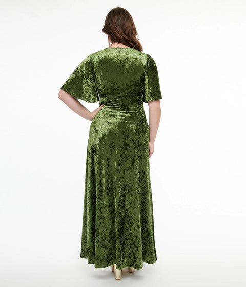 Dress - 1970s Mossy Green Velvet Cutout Maxi Dress