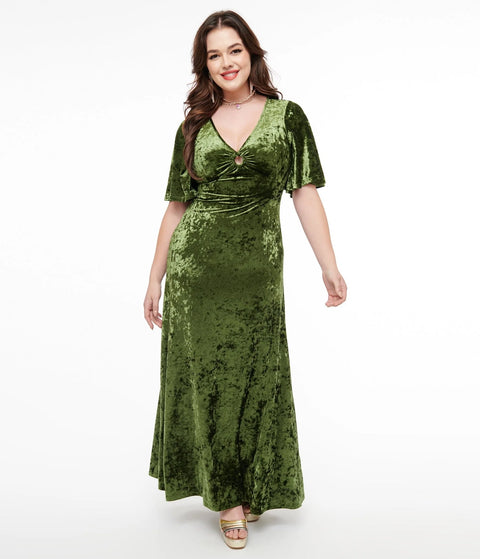 Dress - 1970s Mossy Green Velvet Cutout Maxi Dress