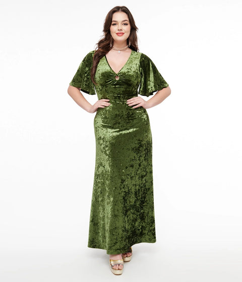 Dress - 1970s Mossy Green Velvet Cutout Maxi Dress