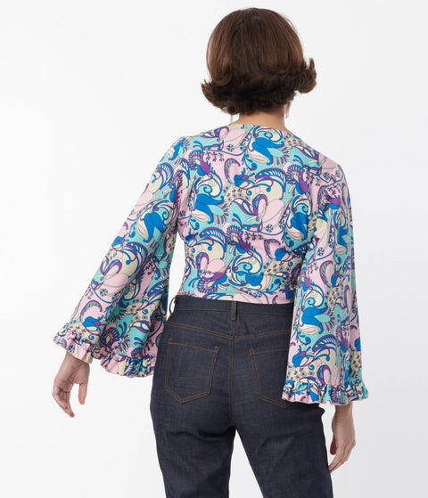 Crop Blouse - Blue & Purple Psychedelic Floral