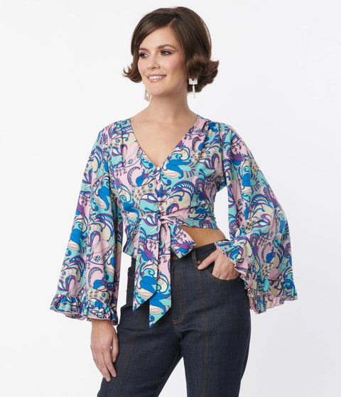 Crop Blouse - Blue & Purple Psychedelic Floral