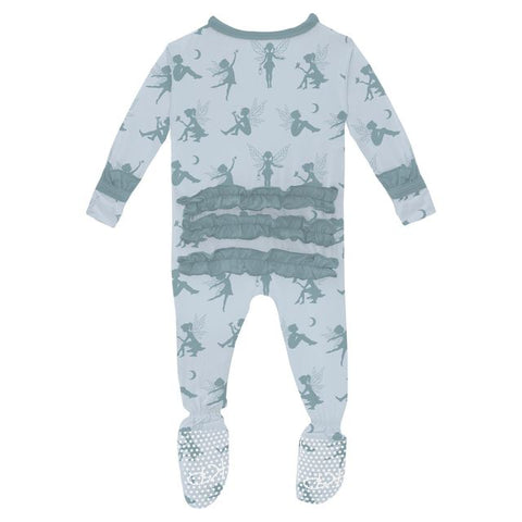 Last One - Size 6/9 Months: Ruffle Footie (Snaps) - Illusion Blue Forest Fairies