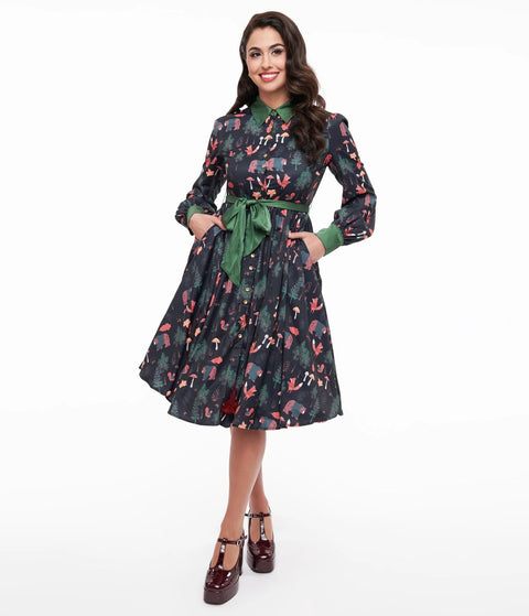 Dress - Woodland Creature Long Sleeve Belted Shirt Dress