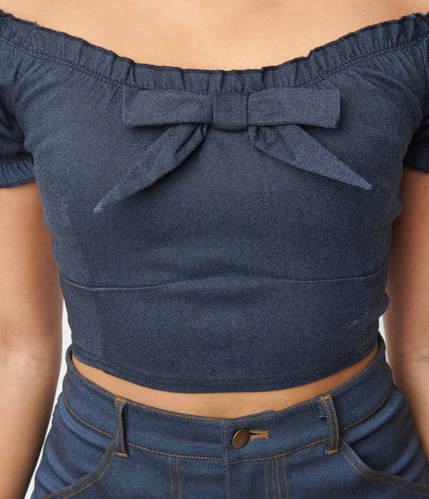 Crop Top - Denim Puff Sleeve Off the Shoulder