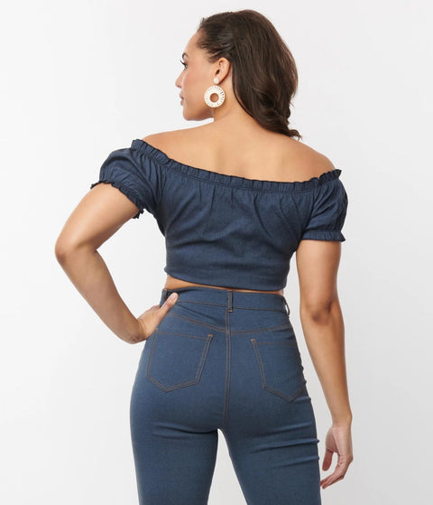 Crop Top - Denim Puff Sleeve Off the Shoulder