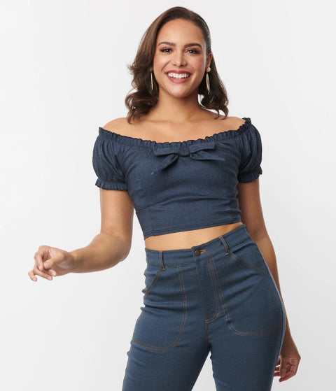 Crop Top - Denim Puff Sleeve Off the Shoulder