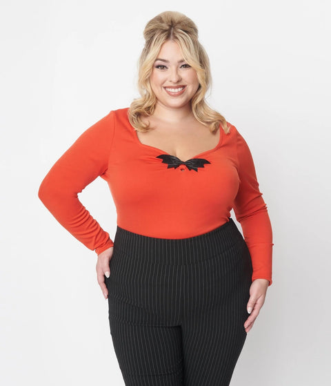 Long Sleeve Top - Orange & Black Bat Bow