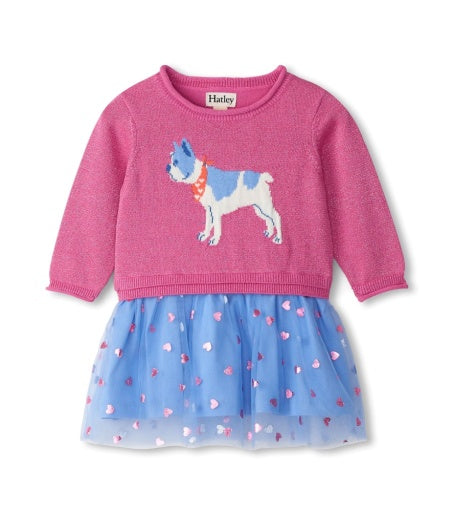 Drop Waist Sweater Dress - Super Pink French Bulldog