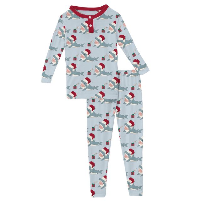 2 Piece Henley Pajama Set (Long Sleeve) - Illusion Blue Holiday Sharks (Drop 2 Presale)