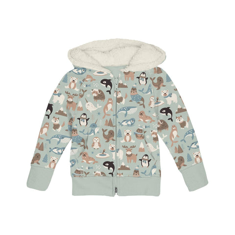 Fleece Zip Front Hoodie with Sherpa-Lined Hood - Aloe Arctic Animals