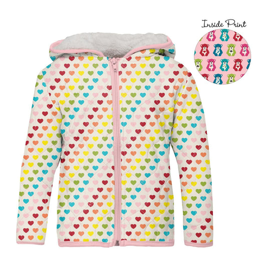 Quilted Jacket with Sherpa Lined Hood - Rainbow Hearts + Lotus Happy Teddy