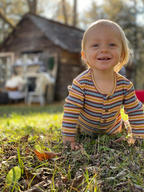 Last One - Size 6/12M: Mason Ribbed Romper - Mustard/Blue Stripes