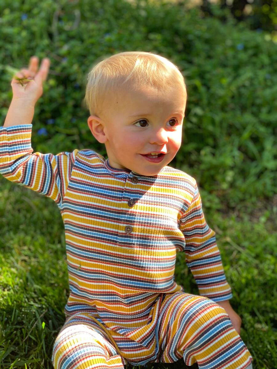 Mason Ribbed Romper - Mustard/Blue Stripes