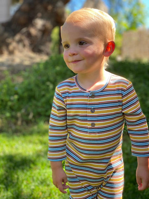 Last One - Size 6/12M: Mason Ribbed Romper - Mustard/Blue Stripes