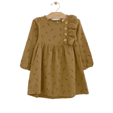 Button Dress Crinkle Cotton ( Long Sleeve) - Wheat