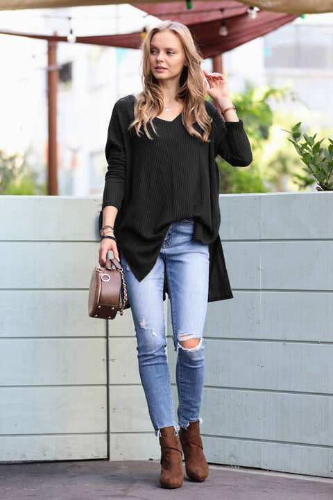 Thermal Waffel Sweater V-Neck - Black