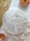 Round Selenite Charging Disc - Mystic Luna Moth (6")