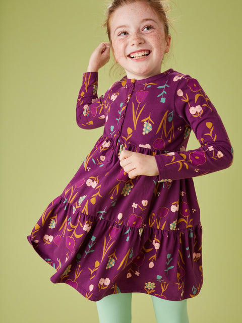 Tiered Henley Dress (Long Sleeve) - Freyja Floral in Purple