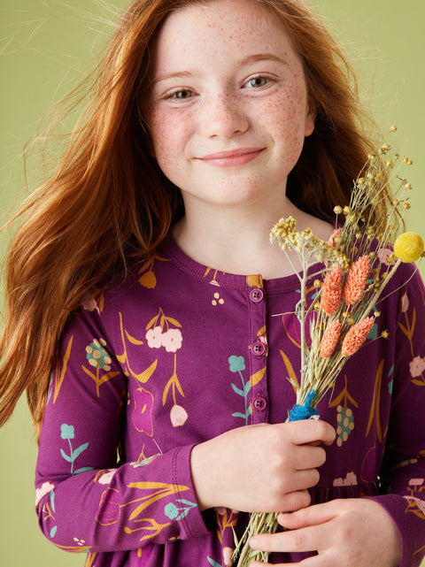 Tiered Henley Dress (Long Sleeve) - Freyja Floral in Purple