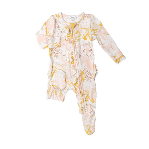 Footie Ruffle Front (Zipper) - Pink Marble