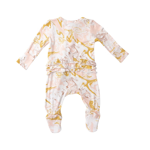 Footie Ruffle Front (Zipper) - Pink Marble