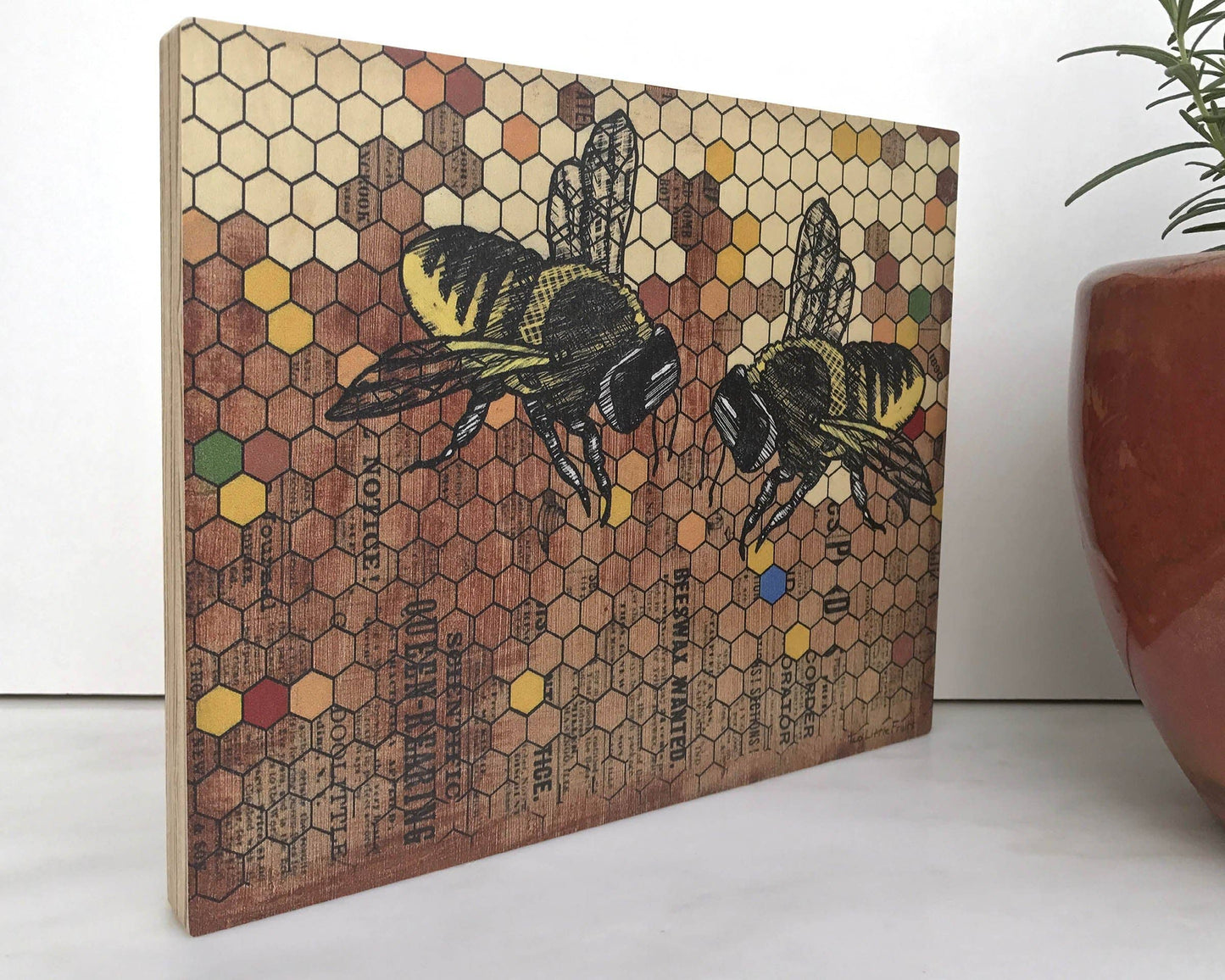 Bloque de arte (madera) - Panal y abejas 4x6"