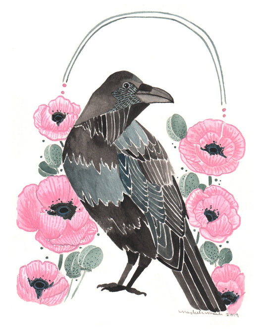 Art Print - Crow And Poppies 8'' x 10''