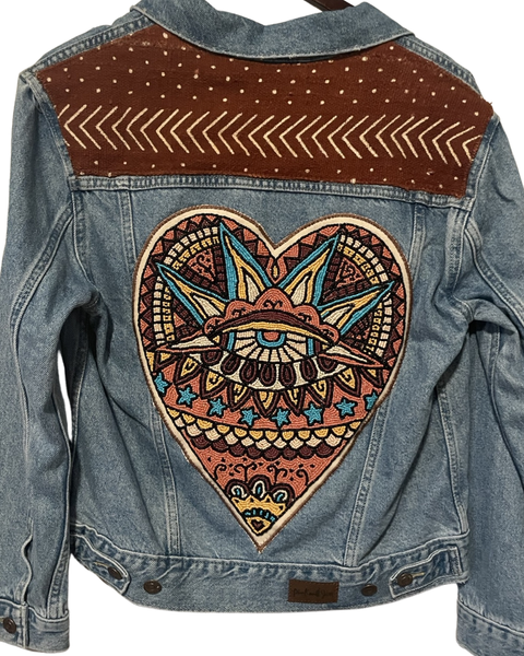 Denim Jacket (Distressed) - Embellished beaded evil eye Heart
