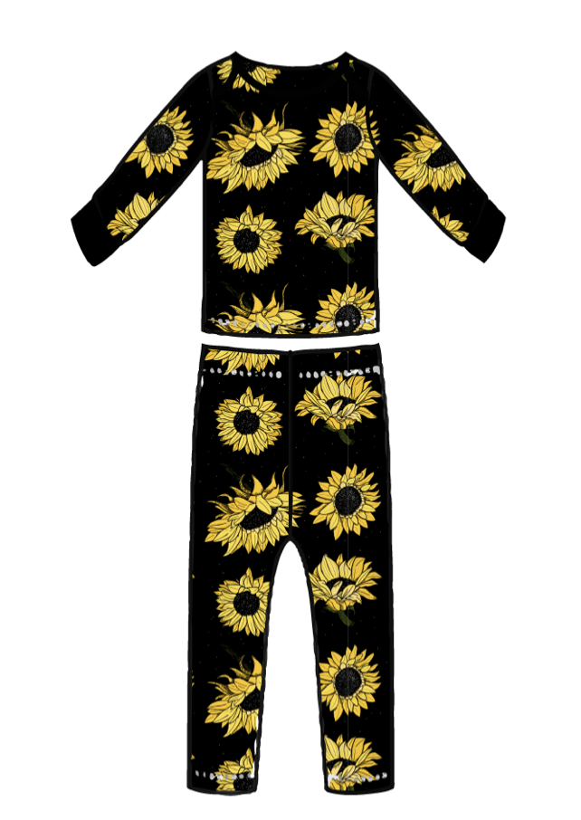 Pijama De 2 Piezas (Manga Larga) - Girasoles Sobre Negro