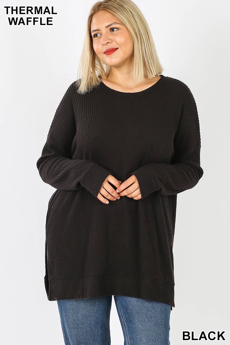 Brushed Thermal Waffle Round Neck Sweater(Plus Size) - Black