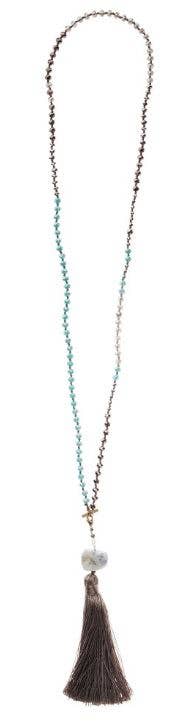 Necklace - Hand-Knottedd Stone, Crystal & Tassel - Taupe