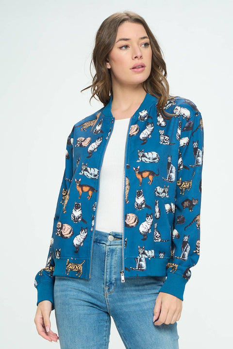 Bomber Jacket - Multi Cat Print On Blue