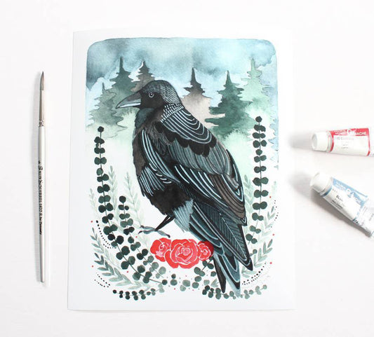 Art Print - Crow With Roses 8" x 10"