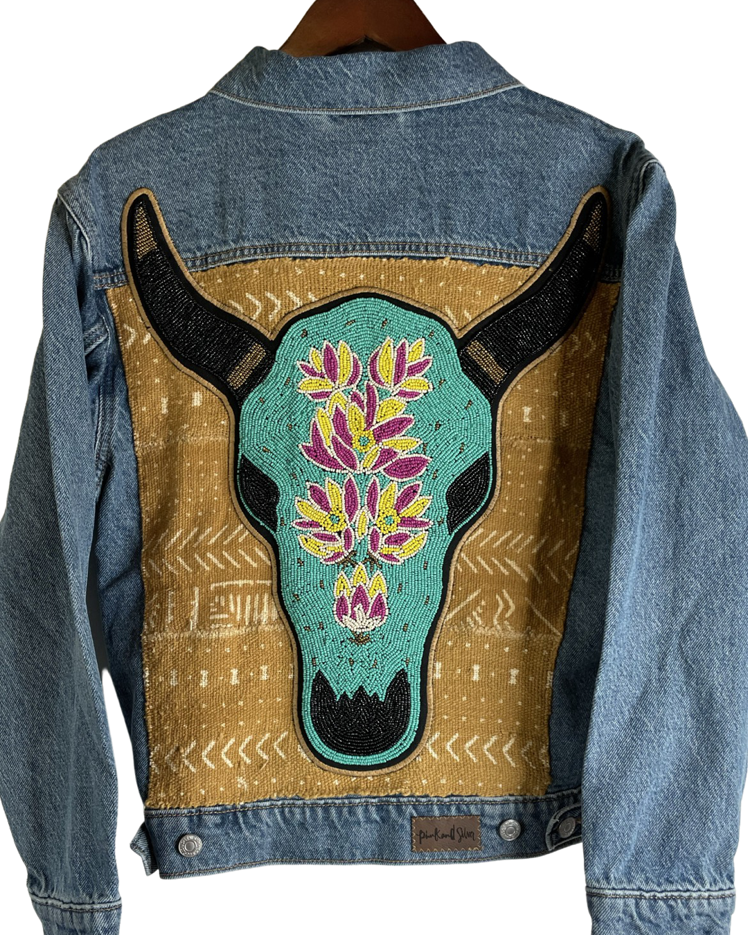 Denim Jacket - Turquoise Beaded Cow Skull w/ Mud Cloth