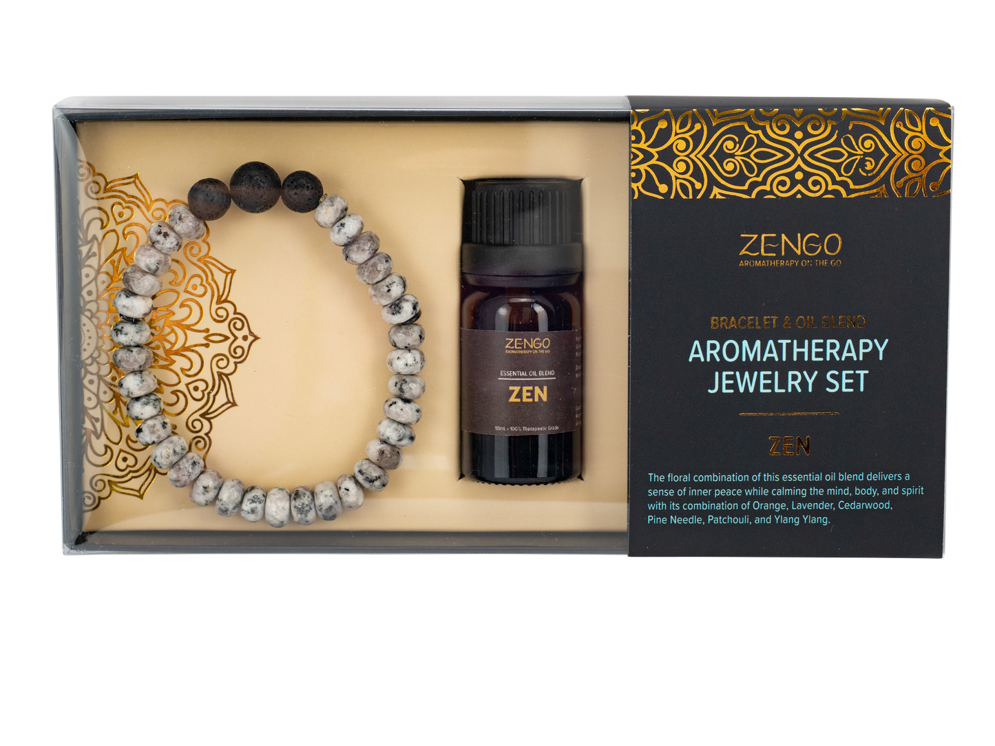 Pulsera - Joyería de aromaterapia Zengo + Juego de aceite - Lava/Cuentas grises