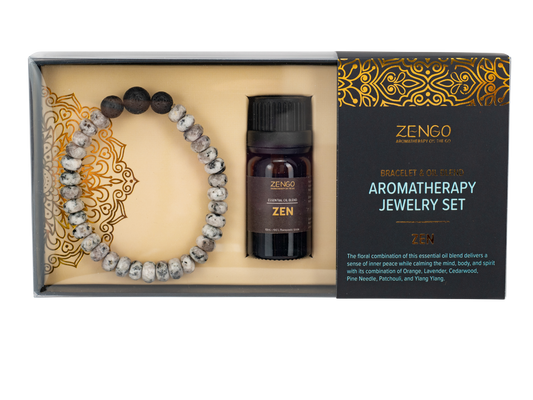 Pulsera - Joyería de aromaterapia Zengo + Juego de aceite - Lava/Cuentas grises