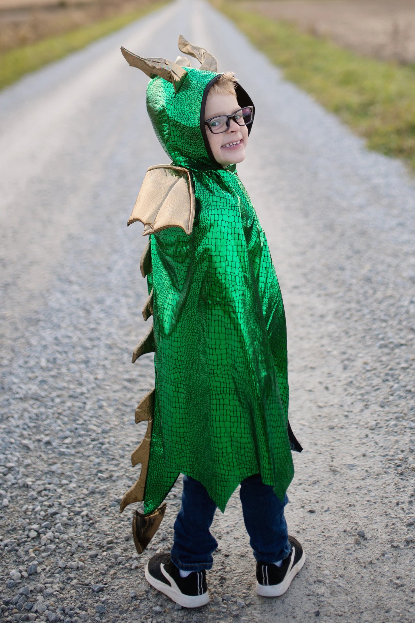 Dress Up - Dragon Cape With Hood Green/Gold