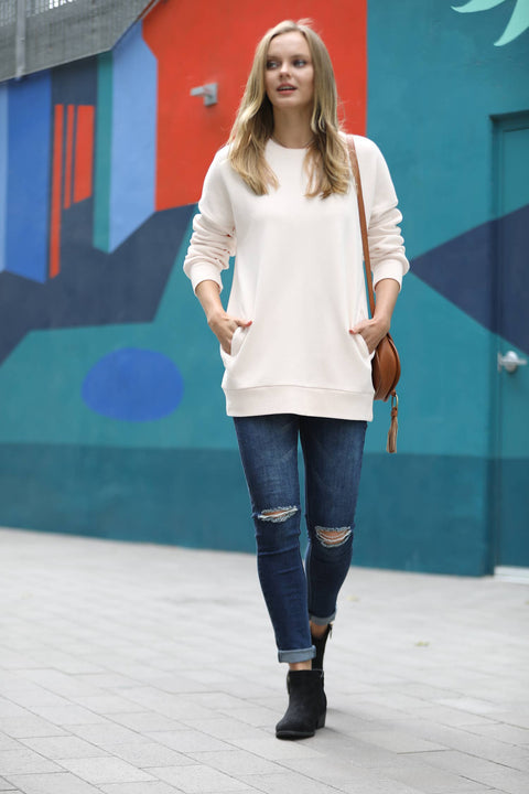 Sweater (Crew Neck) - Sand Beige With Pockets