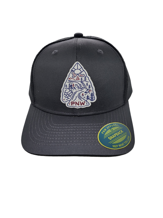 Trucker Hat - PNW Woven Arrowhead Patch Grey/Black Mesh